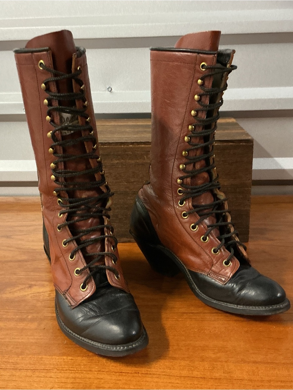 Vintage Olathe Boot Co Black Leather Tall Riding Logger Lace Up Boot Size 5.5B